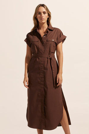 brown, midi dress, fabric belt, button down, cuffed short sleeve, collar, dress, side splits, front image
