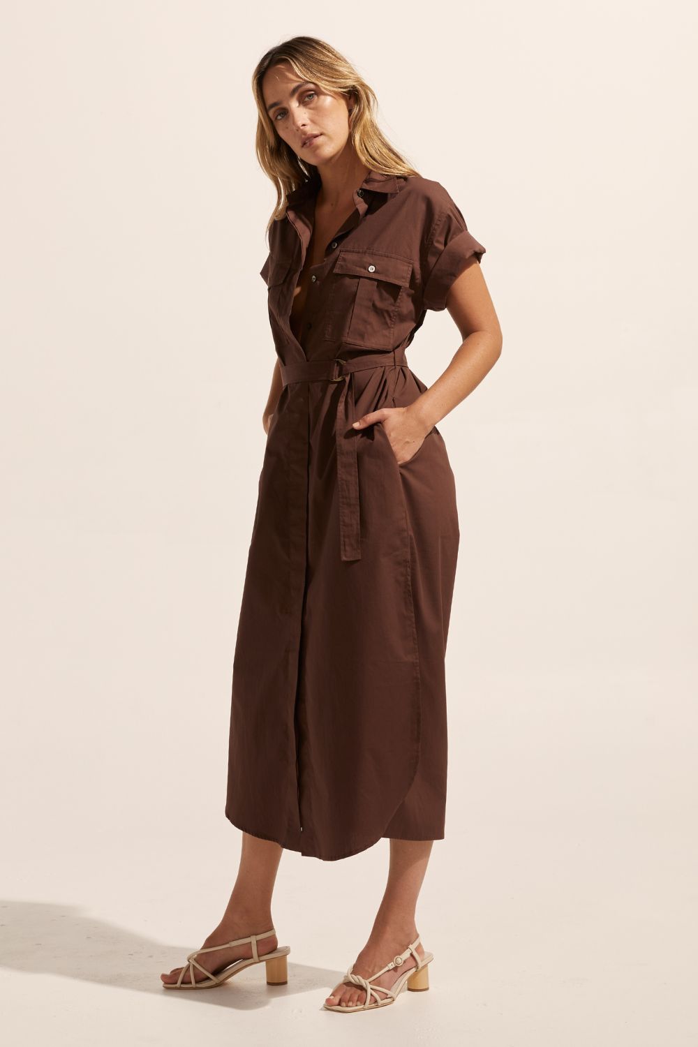 brown, midi dress, fabric belt, button down, cuffed short sleeve, collar, dress, side splits, side image