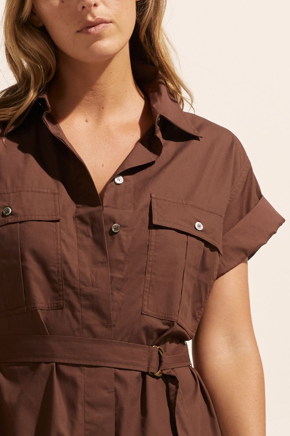 brown, midi dress, fabric belt, button down, cuffed short sleeve, collar, dress, side splits, close up image