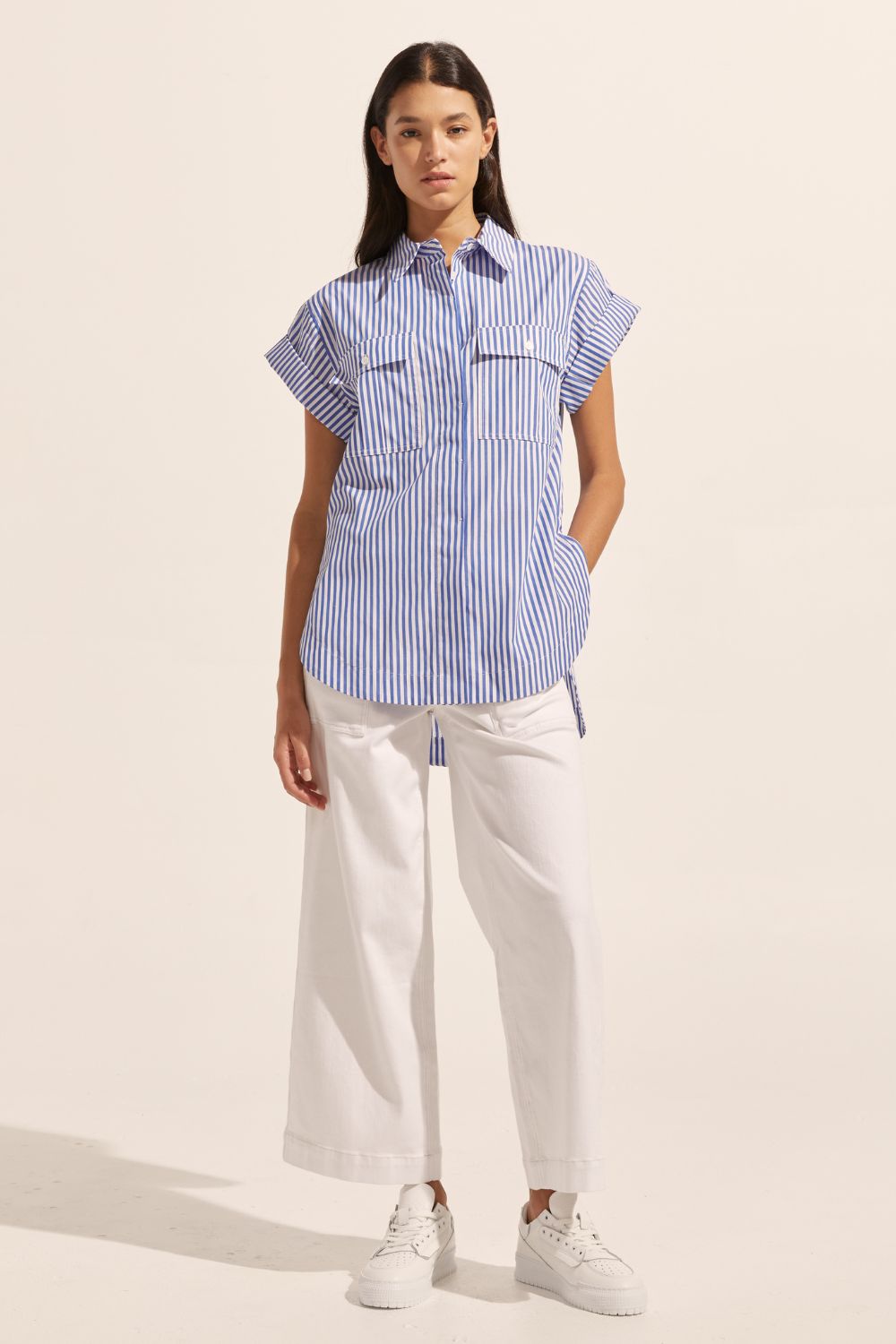 blue and white stripe, cuffed short sleeve, high-low hemline, covered placket, oversized patch pockets, shirt, top, front image