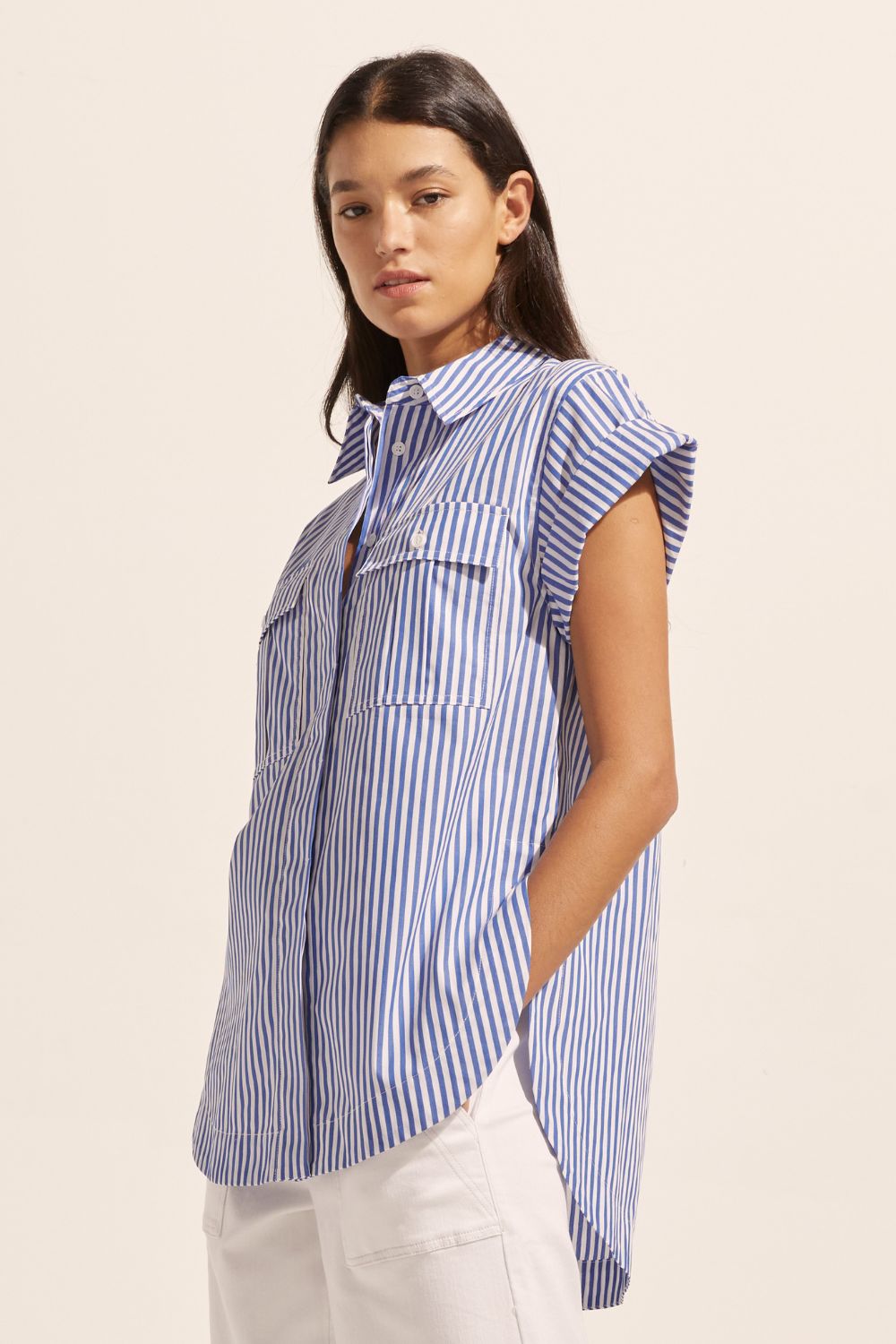 blue and white stripe, cuffed short sleeve, high-low hemline, covered placket, oversized patch pockets, shirt, top, side image