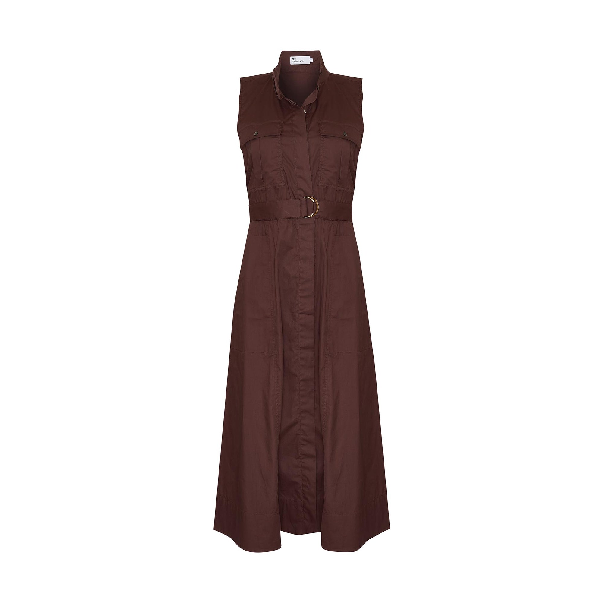 brown, midi dress, fabric belt, button down, sleeveless, high neck, dress, side pockets, product image