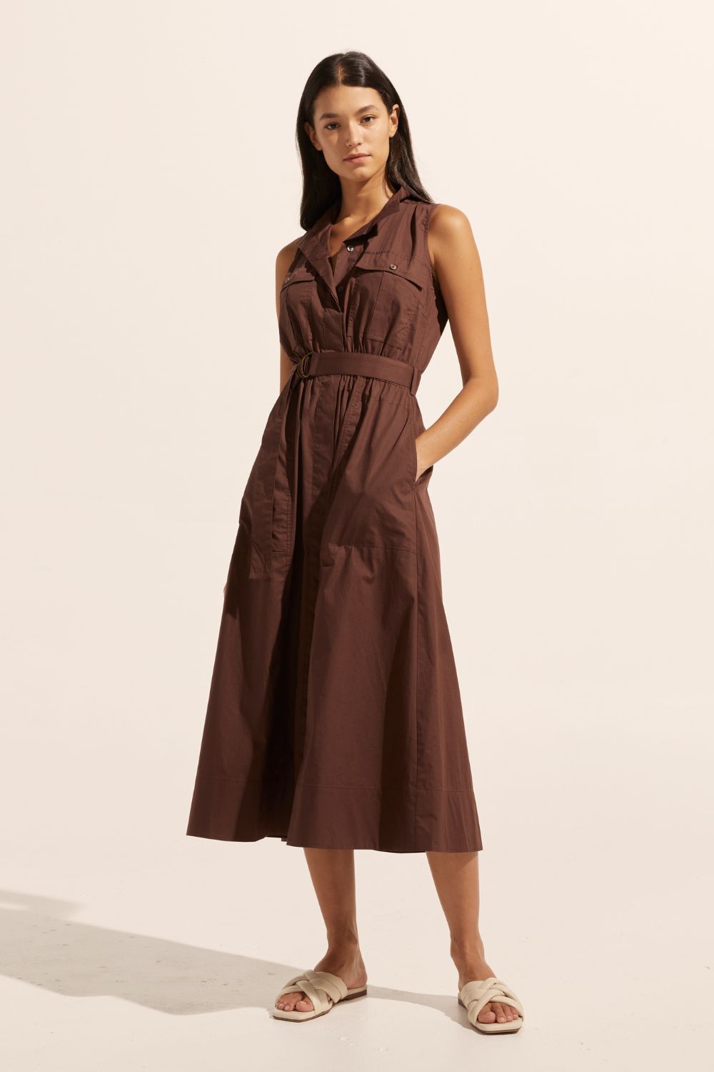 brown, midi dress, fabric belt, button down, sleeveless, high neck, dress, side pockets, front image
