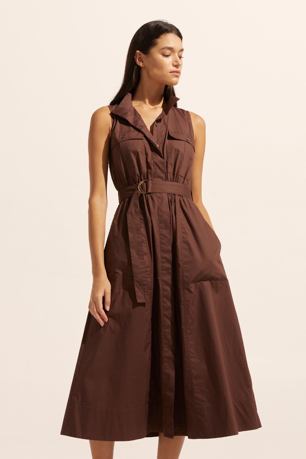brown, midi dress, fabric belt, button down, sleeveless, high neck, dress, side pockets, front image