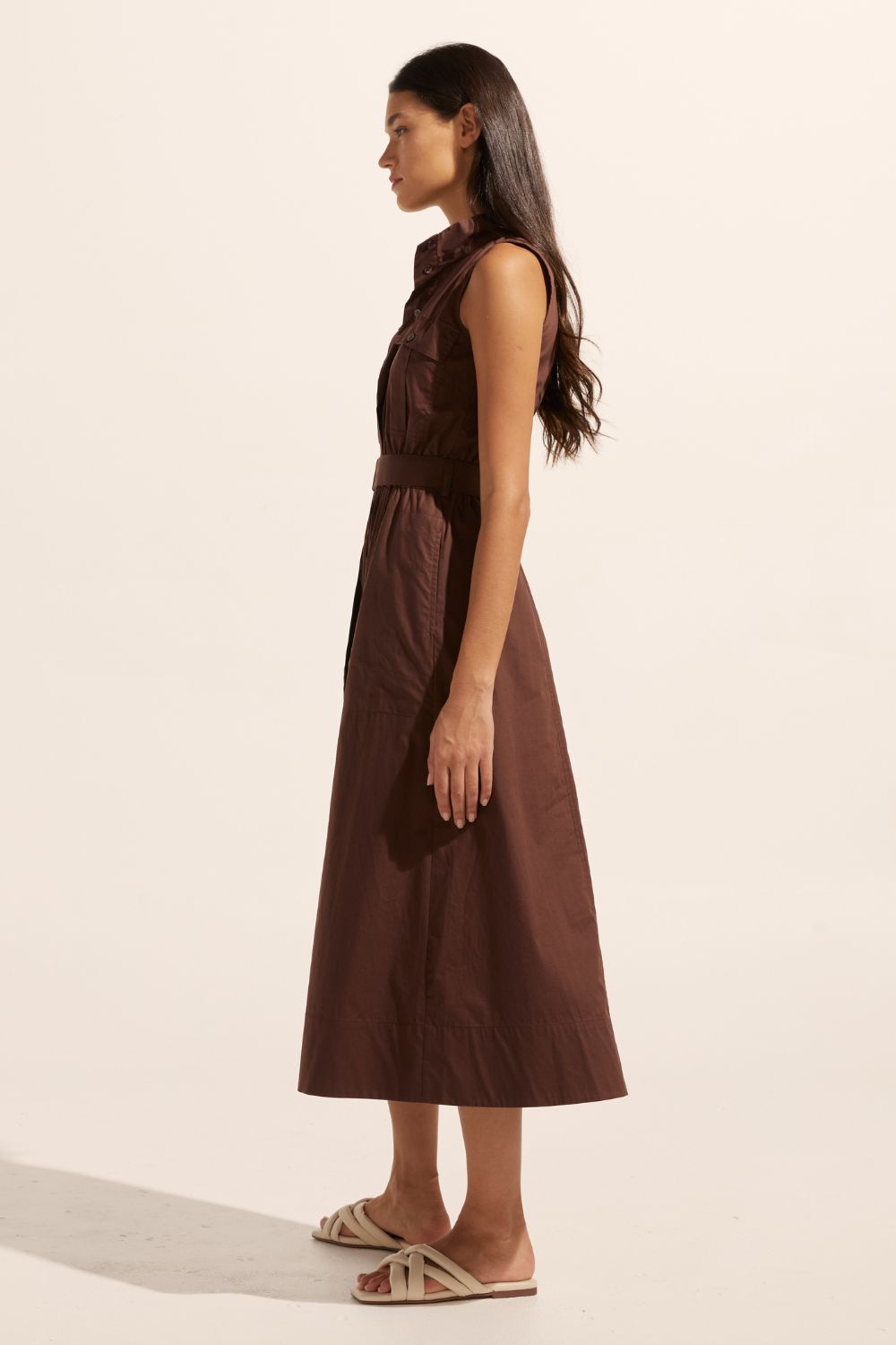 brown, midi dress, fabric belt, button down, sleeveless, high neck, dress, side pockets, side image
