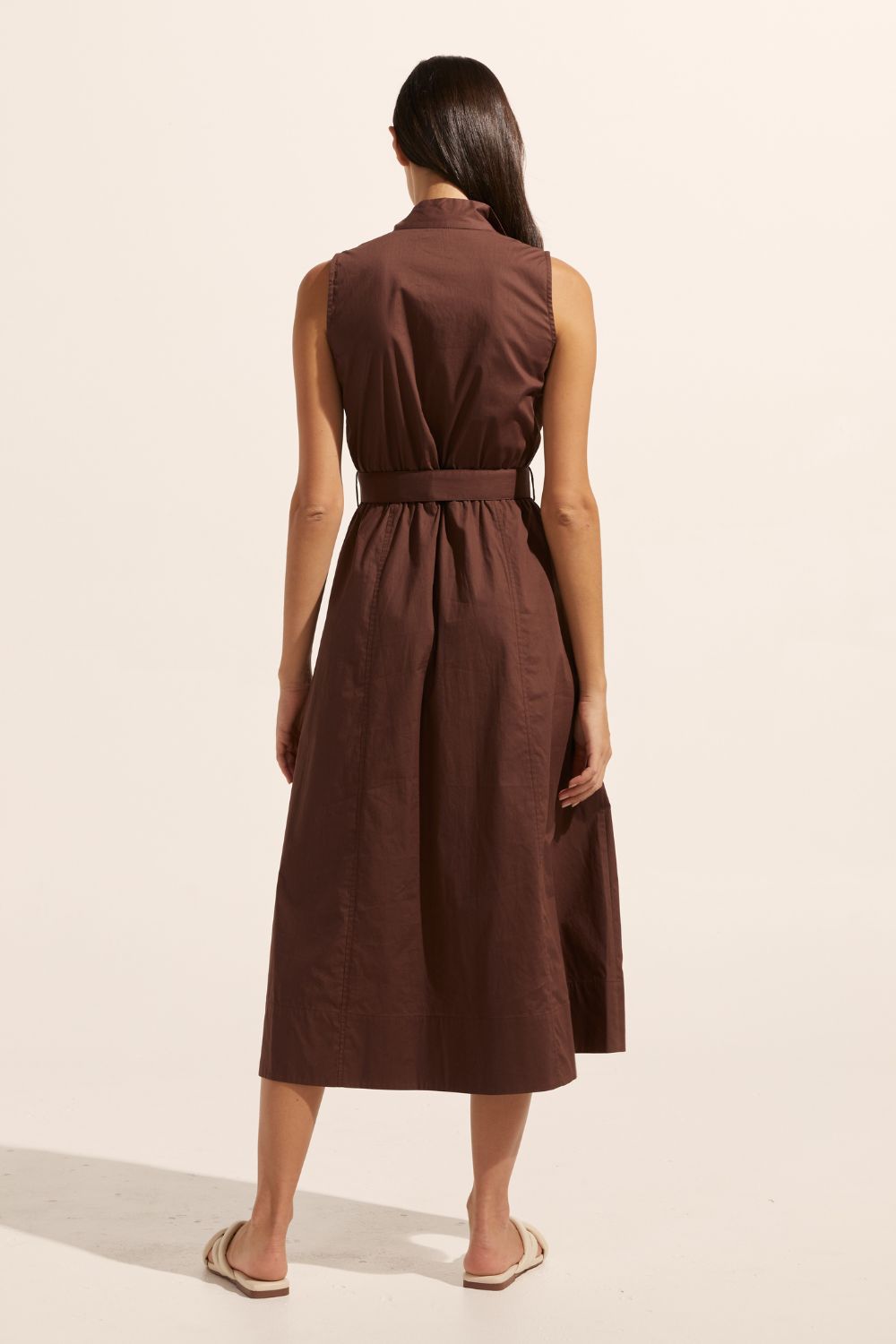 brown, midi dress, fabric belt, button down, sleeveless, high neck, dress, side pockets, back image