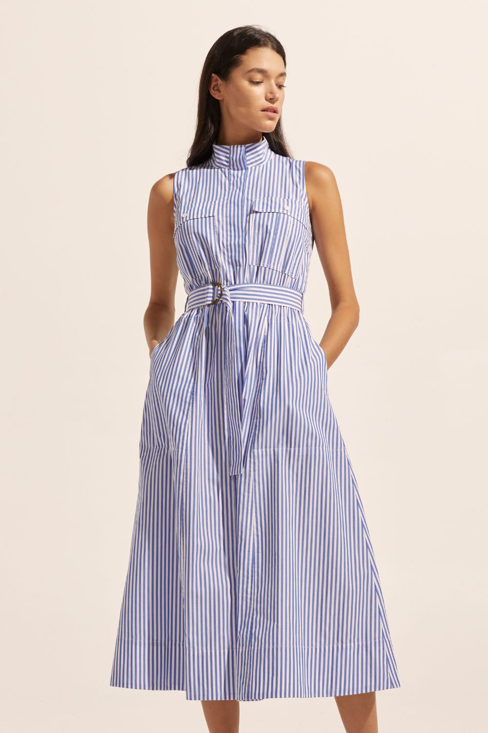blue and white stripe, high neckline, side pockets, oversized patch pockets, covered placket, d-ring fabric belt, sleeveless, midi dress, front image