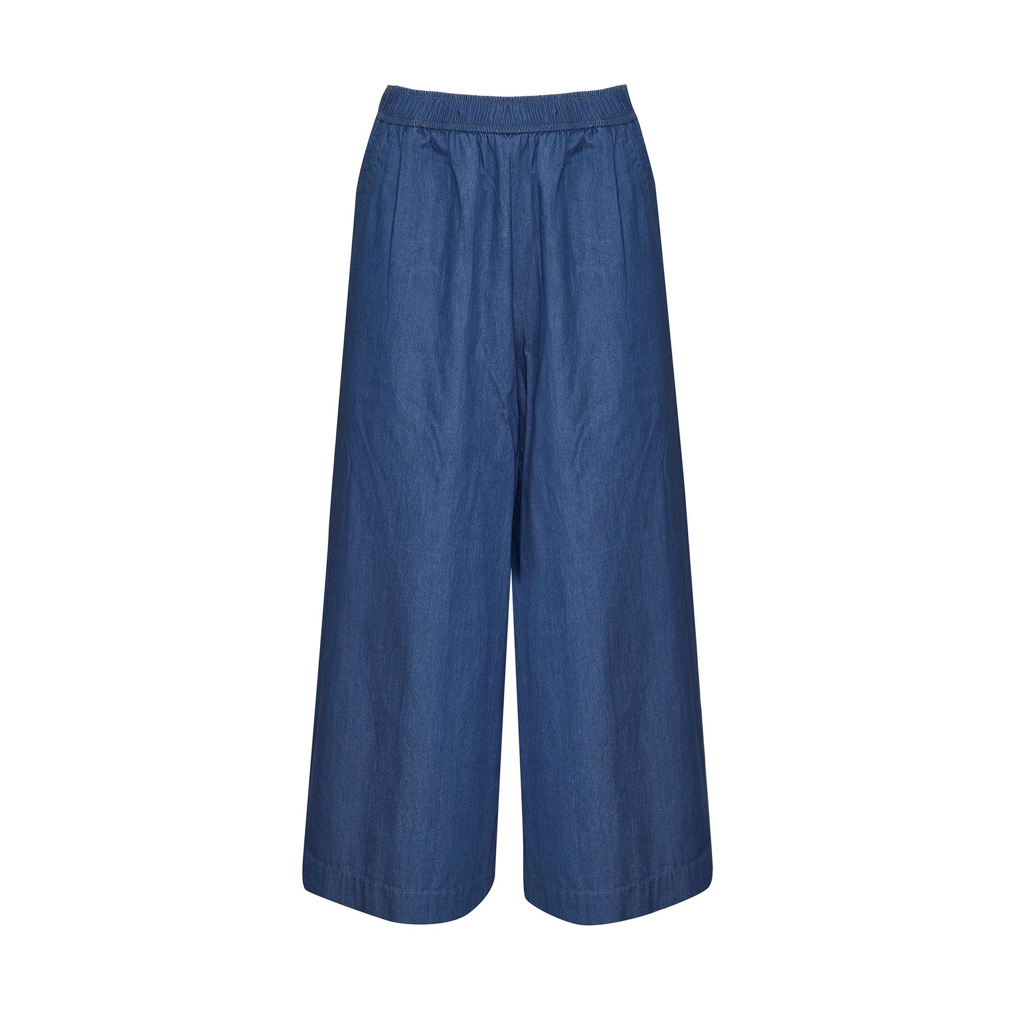 blue, pants, elasticated waist, side pockets, wide leg, product image