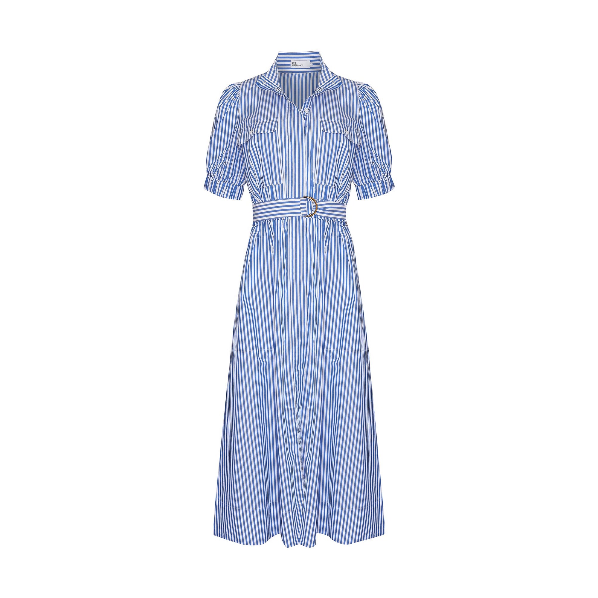 blue and white stripe, dress, high neck, mid length sleeve, fabric belt, midi dress, side pockets, product image image