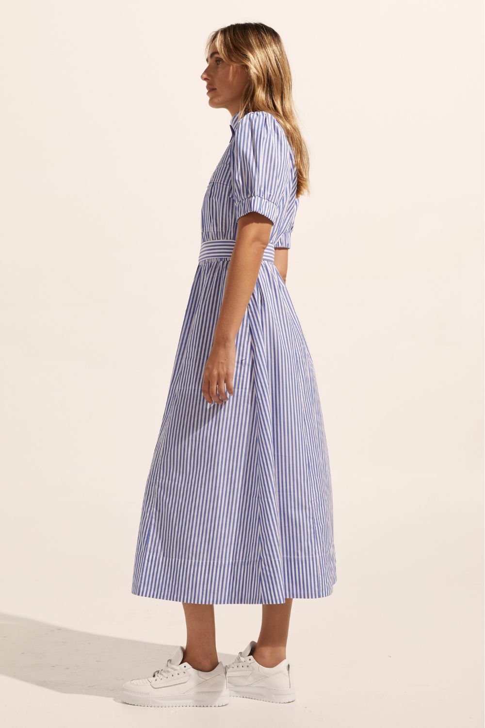 blue and white stripe, dress, high neck, mid length sleeve, fabric belt, midi dress, side pockets, side image