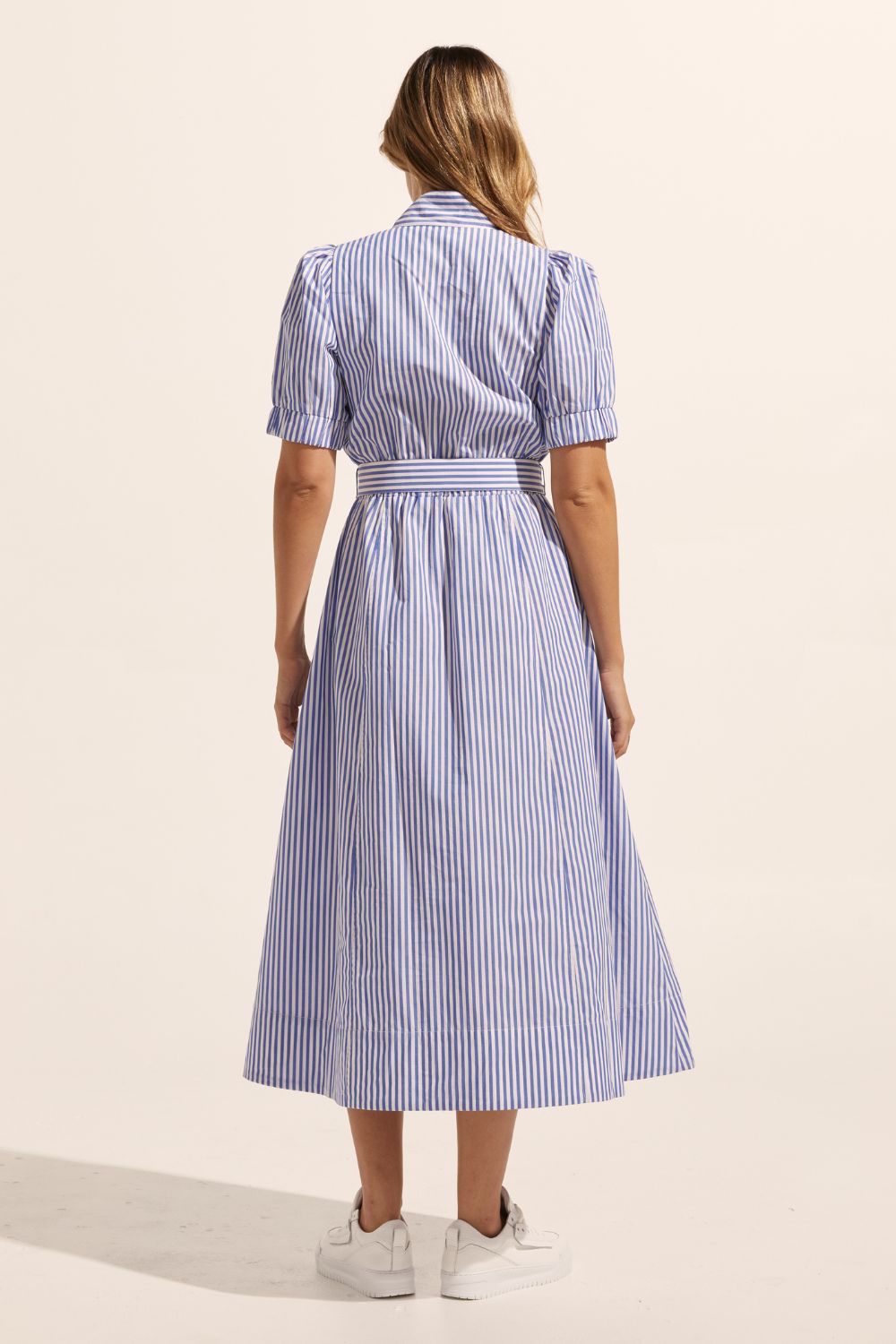blue and white stripe, dress, high neck, mid length sleeve, fabric belt, midi dress, side pockets, back image