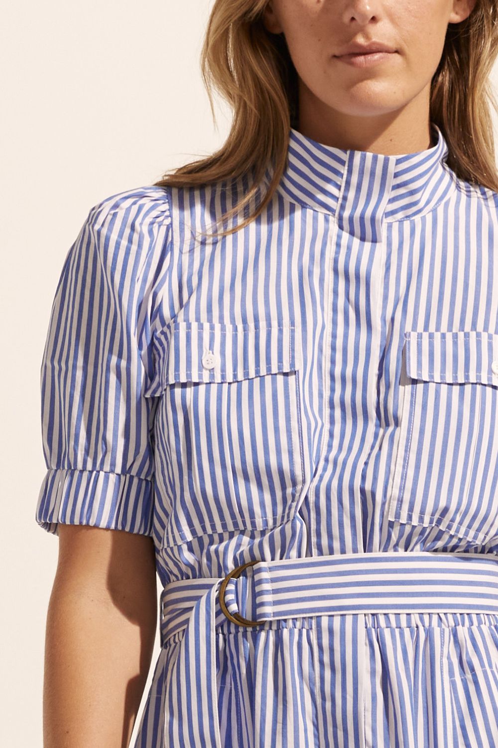 blue and white stripe, dress, high neck, mid length sleeve, fabric belt, midi dress, side pockets, close up image