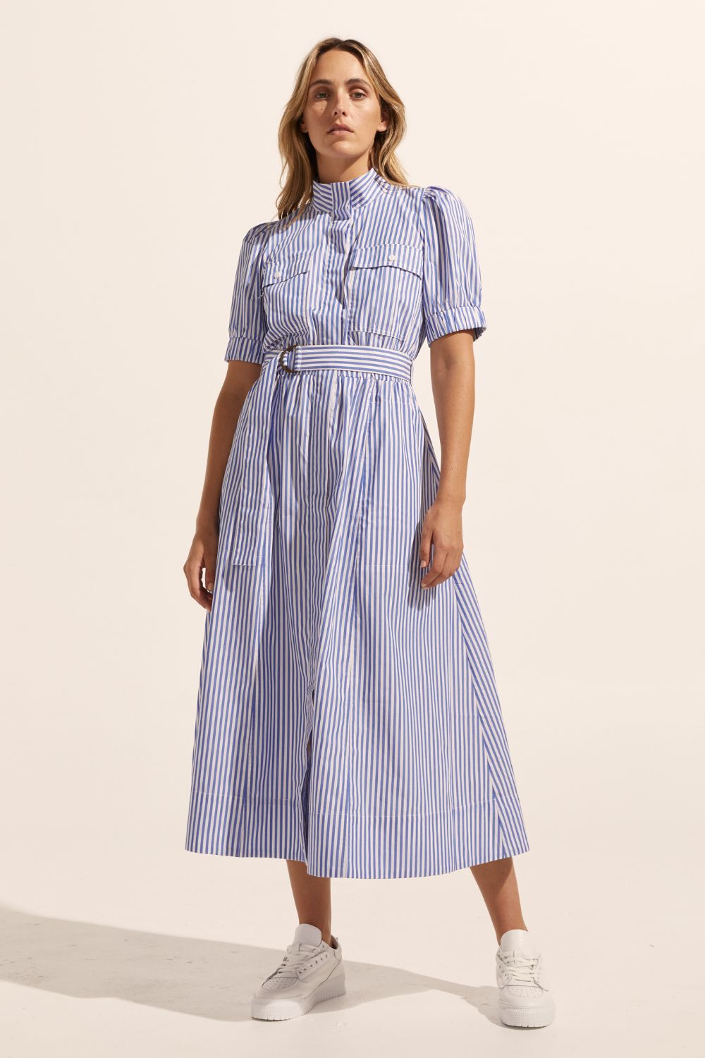 blue and white stripe, dress, high neck, mid length sleeve, fabric belt, midi dress, side pockets, front image