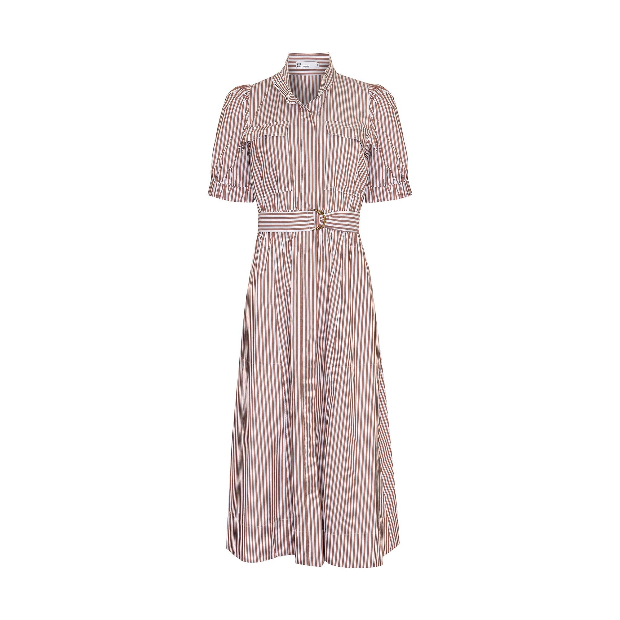 brown and white stripe, dress, high neck, mid length sleeve, fabric belt,  midi dress, side pockets, product image