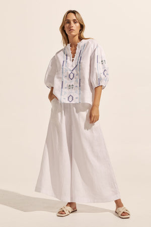 blue and white, top, mid length sleeve, button down neckline, embroidered, front image