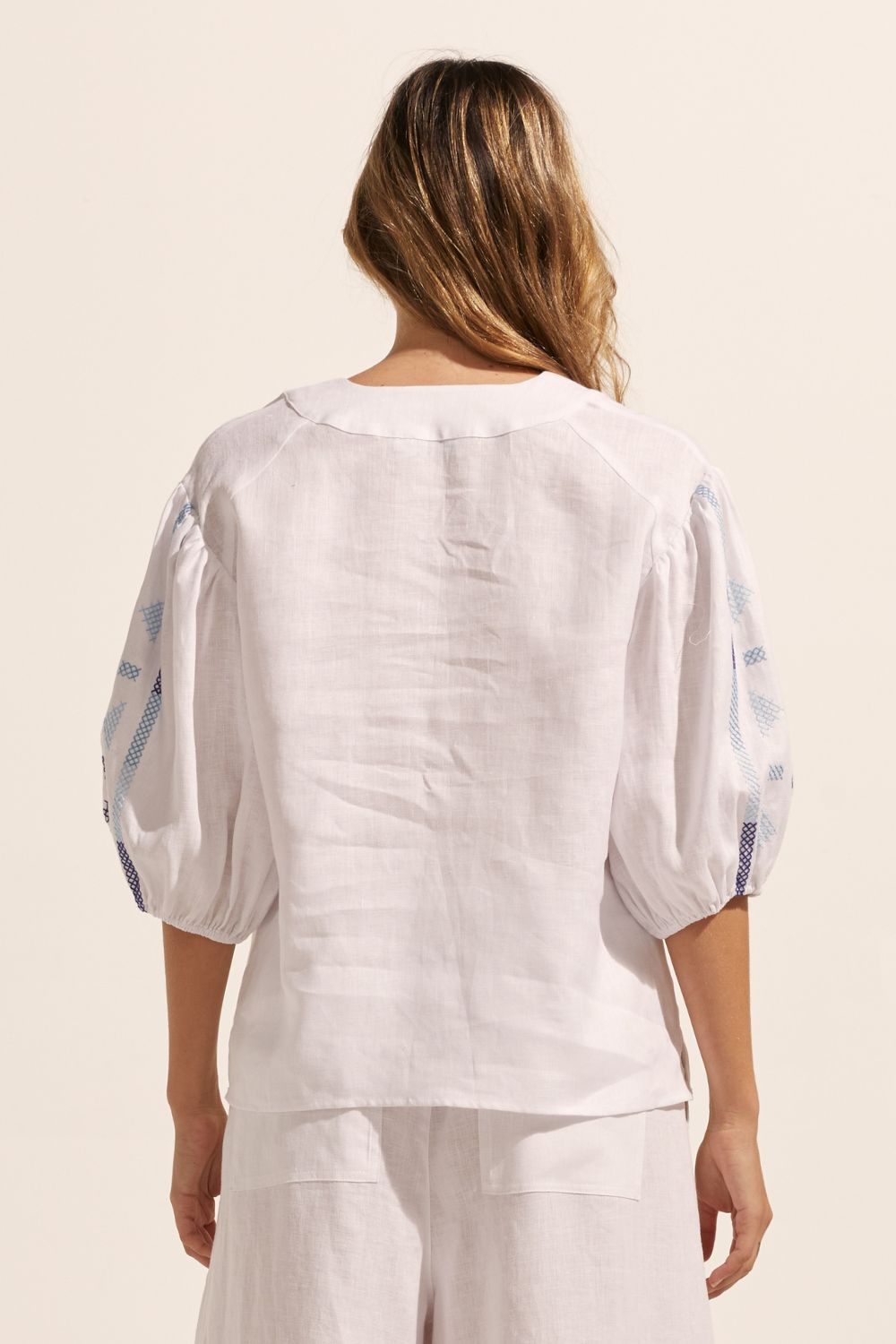 blue and white, top, mid length sleeve, button down neckline, embroidered, back image