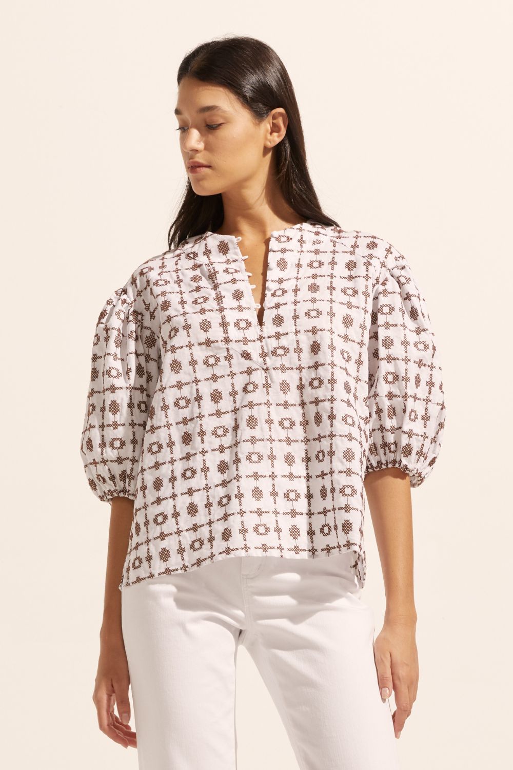 brown and white, top, mid length sleeve, button down neckline, embroidered, front image