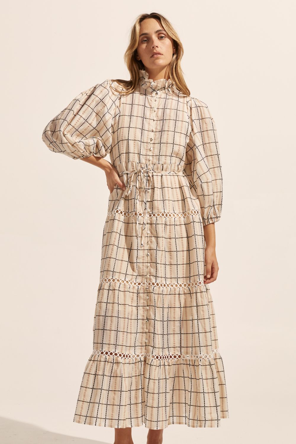 cream check print, dress, buttons through centre, ruffle collar, mid length sleeve, self tie fabric belt, midi dress, tiered skirt, front image