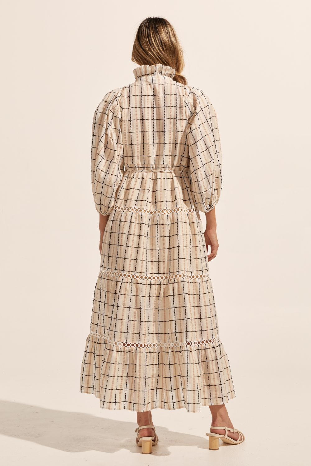 cream check print, dress, buttons through centre, ruffle collar, mid length sleeve, self tie fabric belt, midi dress, tiered skirt, back image