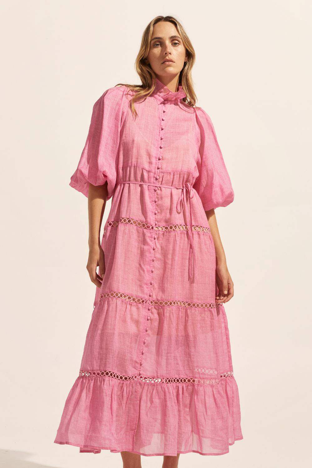 pink, dress, buttons through centre, ruffle collar, mid length sleeve, self tie fabric belt, midi dress, tiered skirt, front image