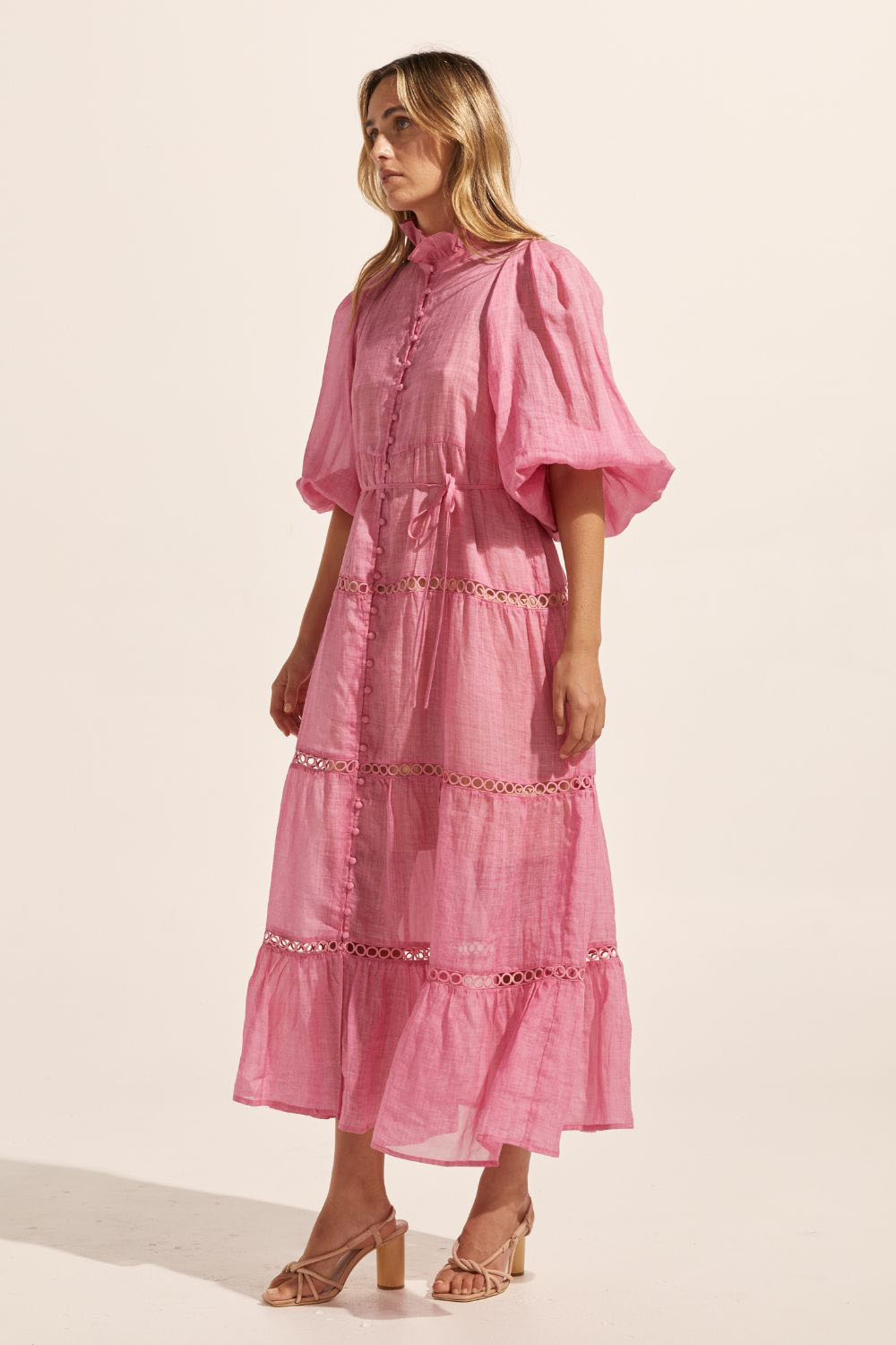 pink, dress, buttons through centre, ruffle collar, mid length sleeve, self tie fabric belt, midi dress, tiered skirt, side image
