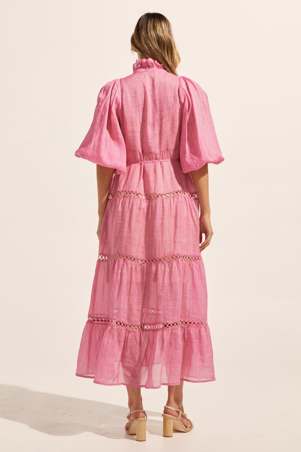 pink, dress, buttons through centre, ruffle collar, mid length sleeve, self tie fabric belt, midi dress, tiered skirt, back image