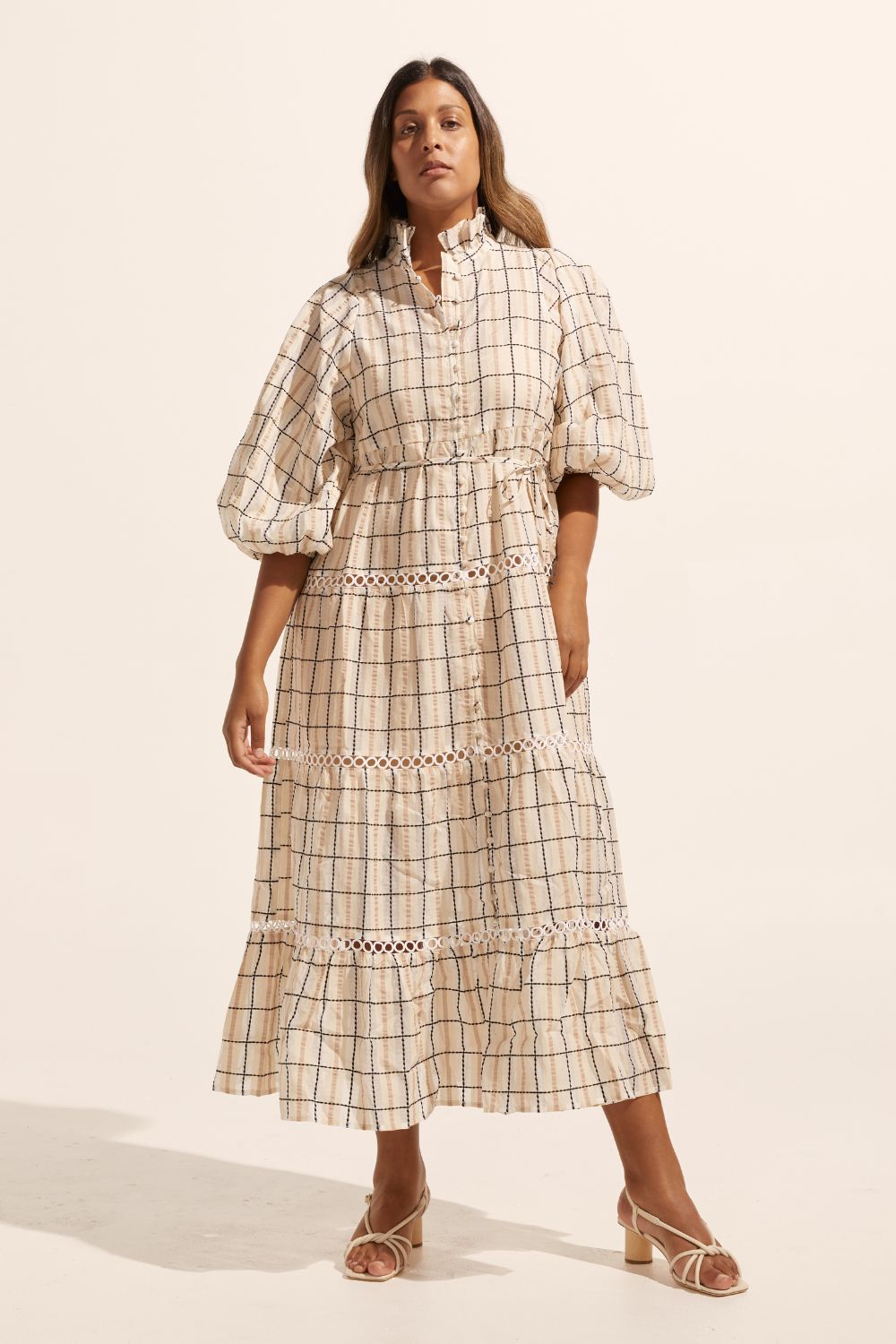 cream check print, dress, buttons through centre, ruffle collar, mid length sleeve, self tie fabric belt, midi dress, tiered skirt, size 12 model wears a size 1, front image