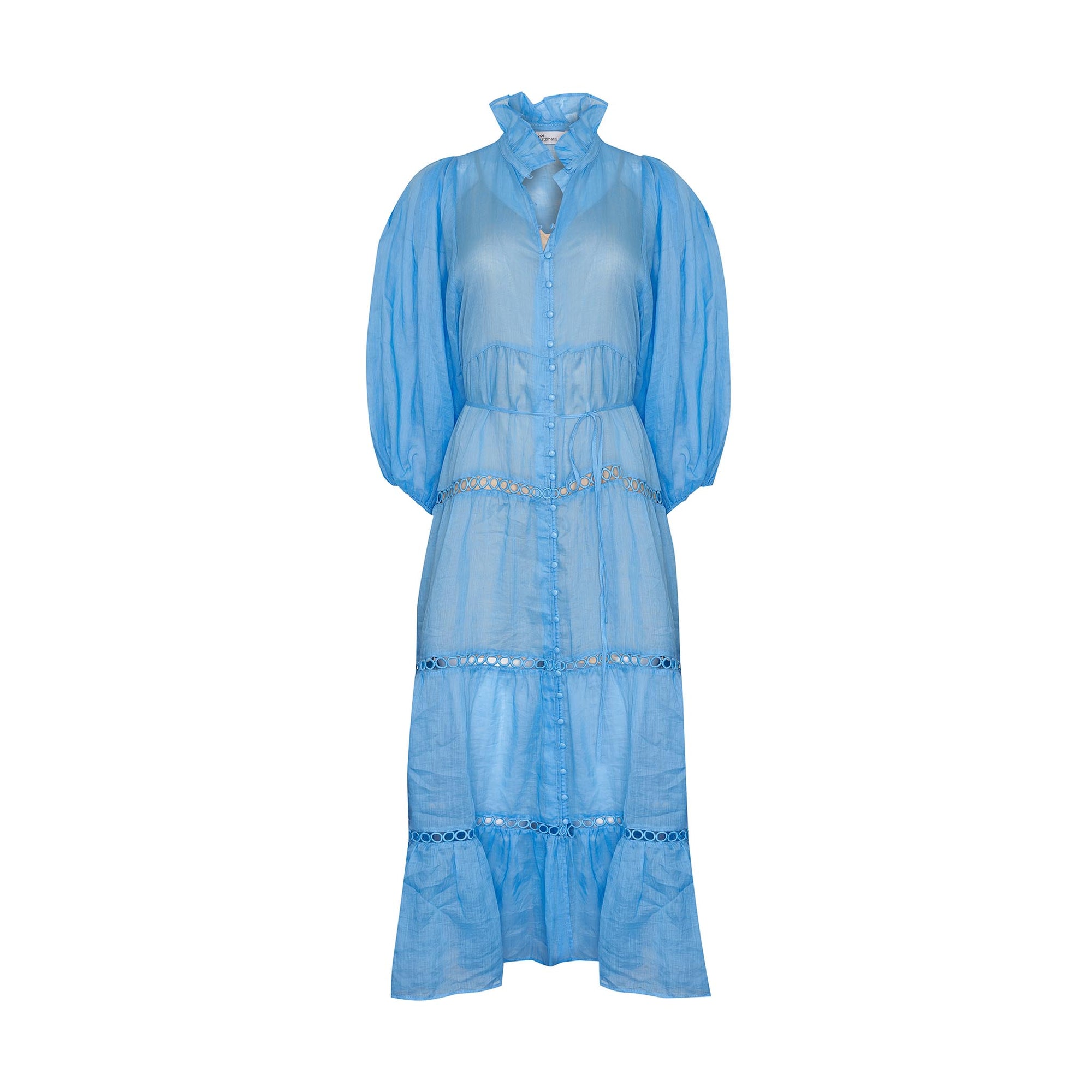 blue, dress, buttons through centre, ruffle collar, mid length sleeve, self tie fabric belt, midi dress, tiered skirt, product image