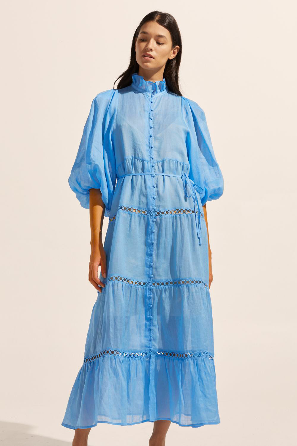 blue, dress, buttons through centre, ruffle collar, mid length sleeve, self tie fabric belt, midi dress, tiered skirt, front image