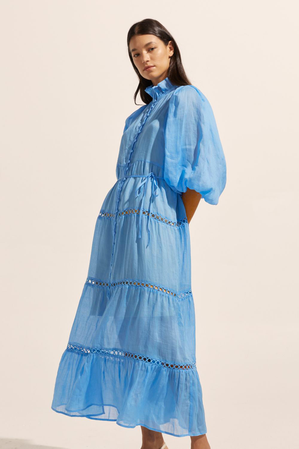 blue, dress, buttons through centre, ruffle collar, mid length sleeve, self tie fabric belt, midi dress, tiered skirt, side image