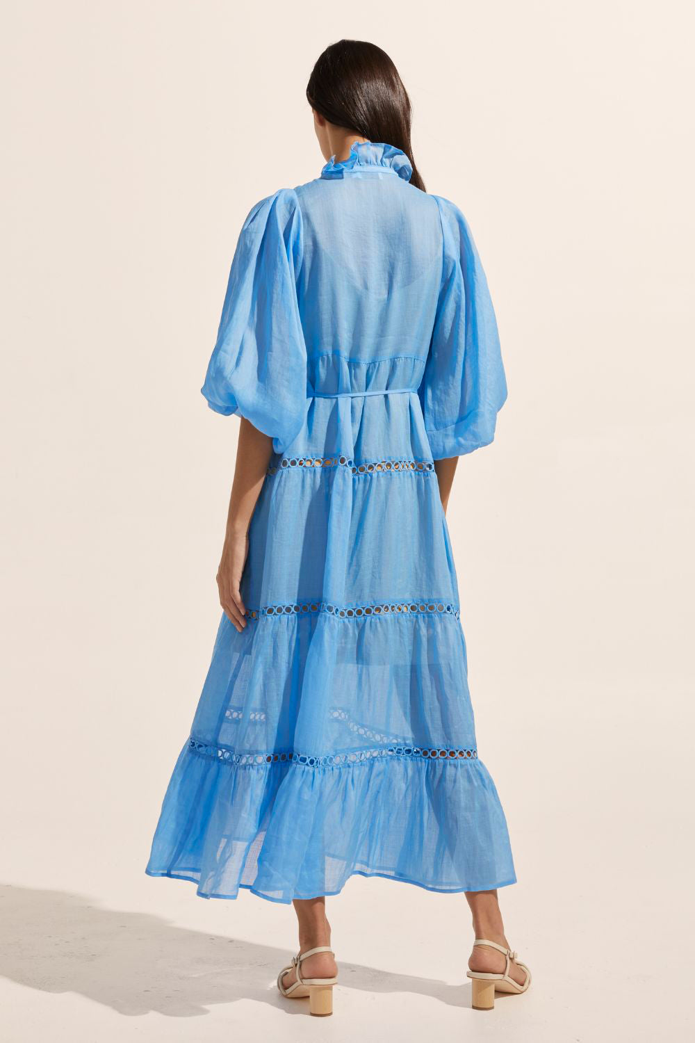 blue, dress, buttons through centre, ruffle collar, mid length sleeve, self tie fabric belt, midi dress, tiered skirt, back image