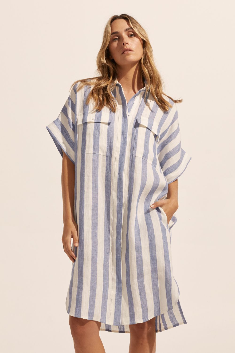 blue and white stripe, dress, mid length sleeves, oversized pockets, button down, collared dress, front image