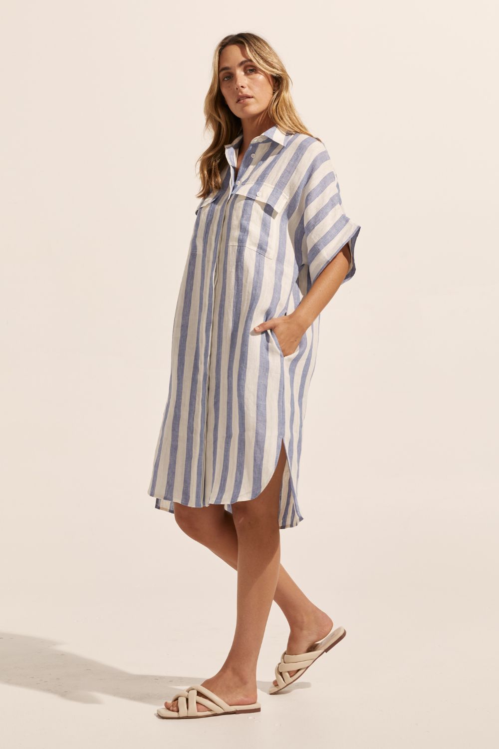 blue and white stripe, dress, mid length sleeves, oversized pockets, button down, collared dress, side image