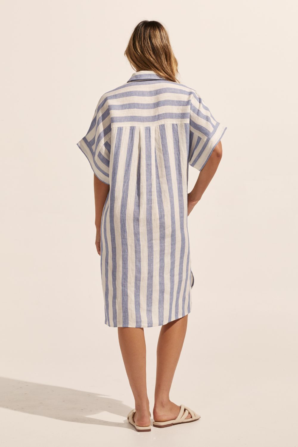 blue and white stripe, dress, mid length sleeves, oversized pockets, button down, collared dress, back image