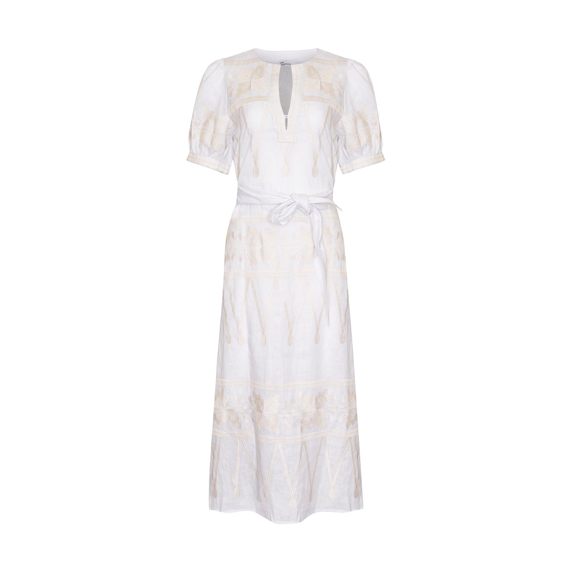 white and cream, midi dress, fabric self tie belt, mid length sleeve, embroidered,  rounded neckline, side splits, side pockets, product image