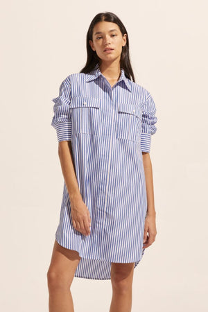 blue and white stripe, mid length sleeve, oversized patch pockets, high-low hemline, buttons down centre, crisp collar, dress, front image