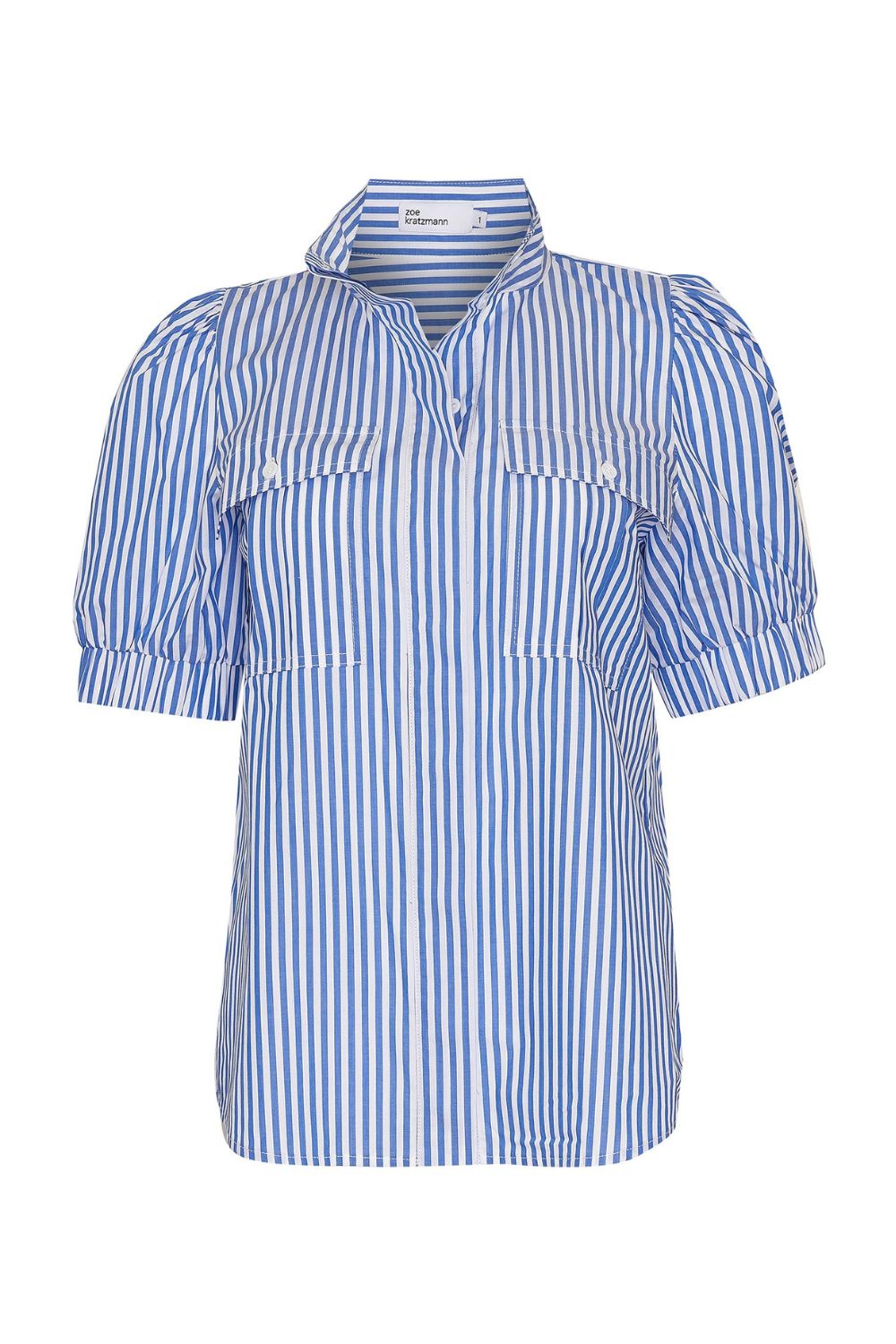 blue and white stripe, high neck, button down, mid length sleeve, curved hem, shirt, product image