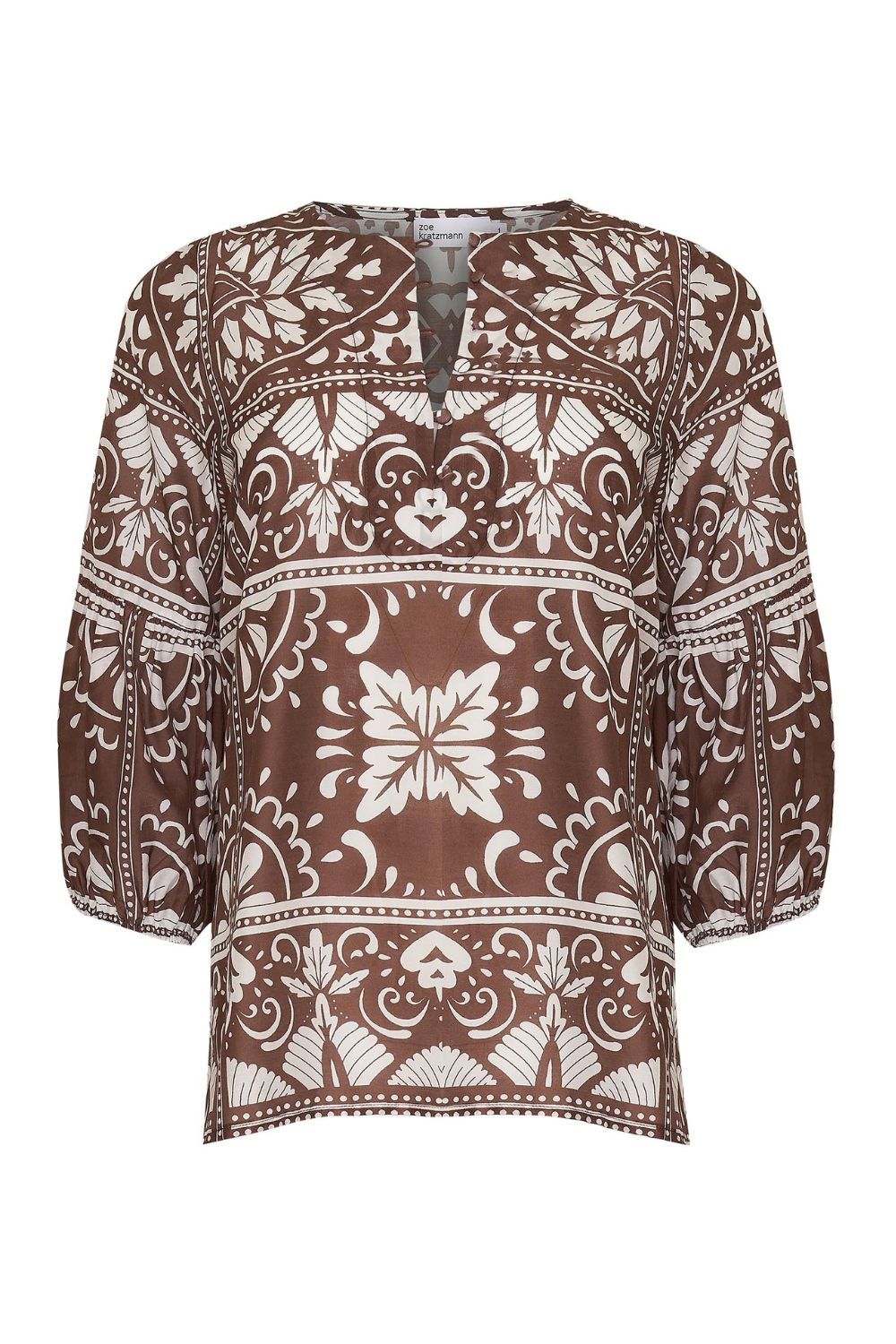 brown and white print, rounded neckline, mid length sleeve, product image
