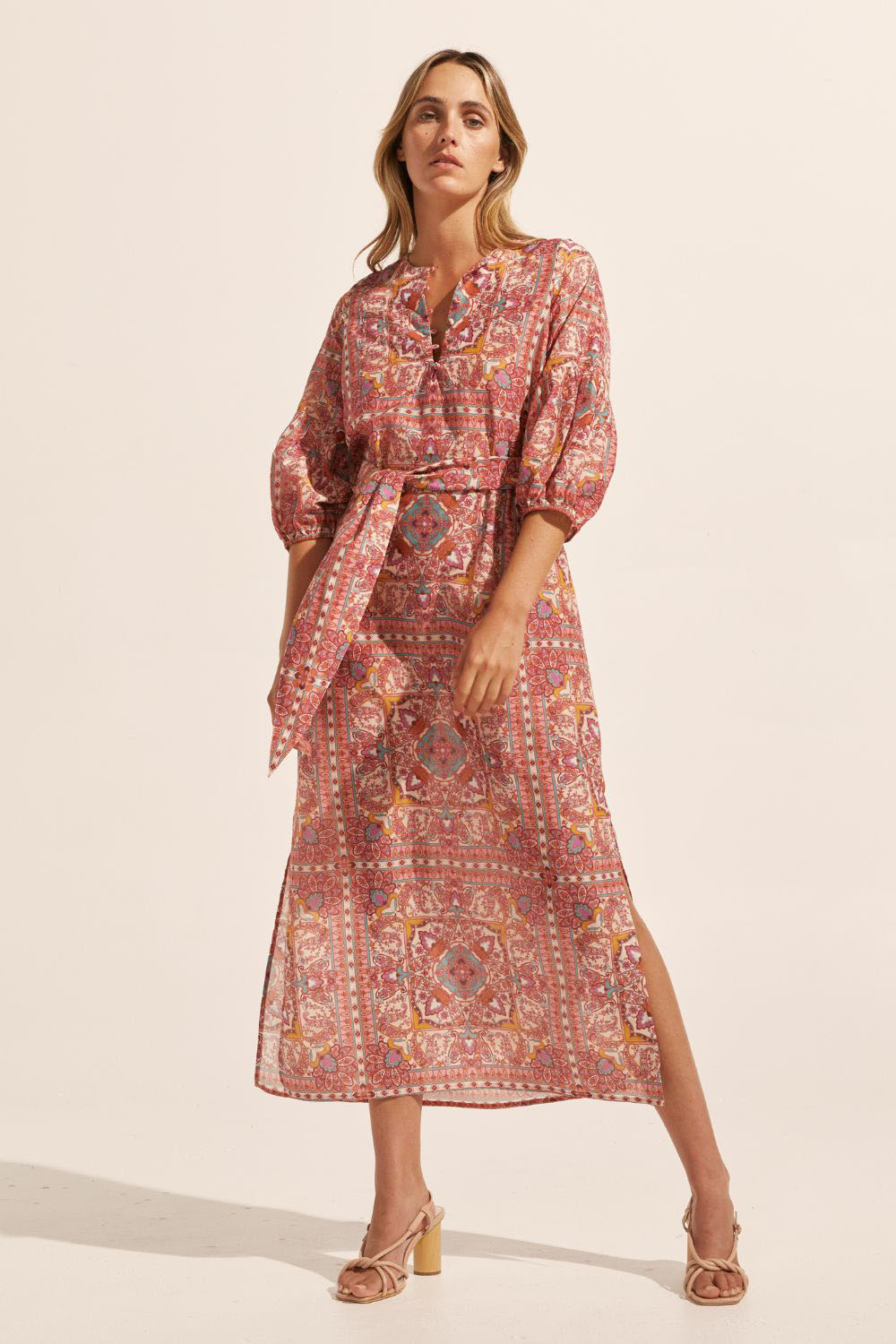 pink print, side splits, maxi dress, self tie fabric belt, rounded neckline, mid length sleeve, front image