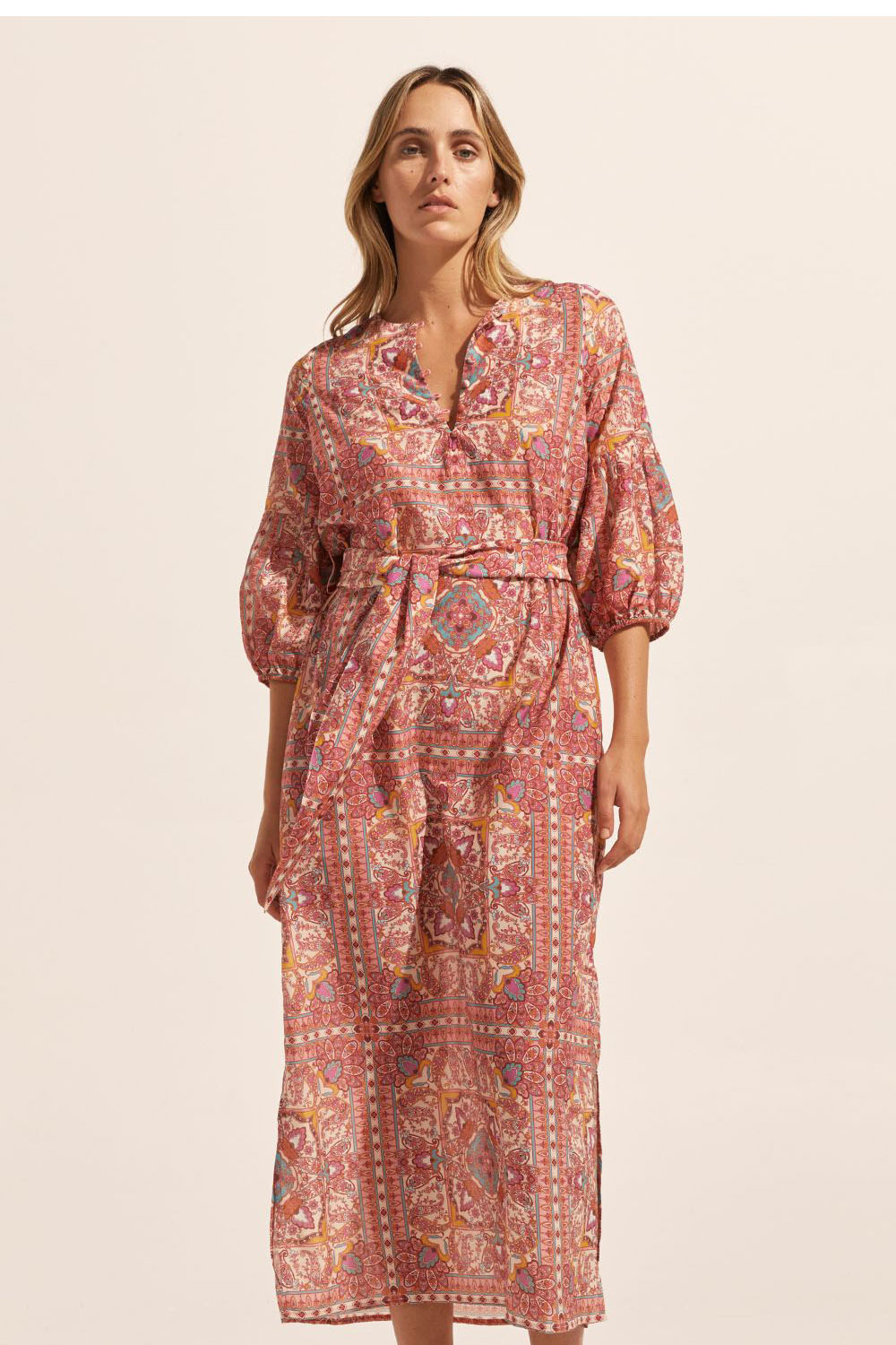 pink print, side splits, maxi dress, self tie fabric belt, rounded neckline, mid length sleeve, front image