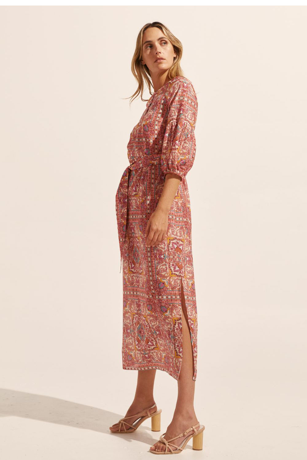 pink print, side splits, maxi dress, self tie fabric belt, rounded neckline, mid length sleeve, side image