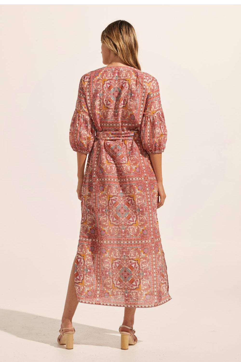 pink print, side splits, maxi dress, self tie fabric belt, rounded neckline, mid length sleeve, back image