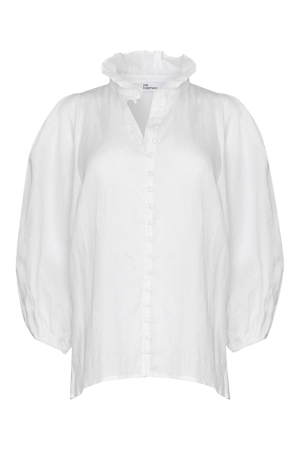 white, ruffle neck collar, buttons down centre, mid length sleeve, shirt, product image