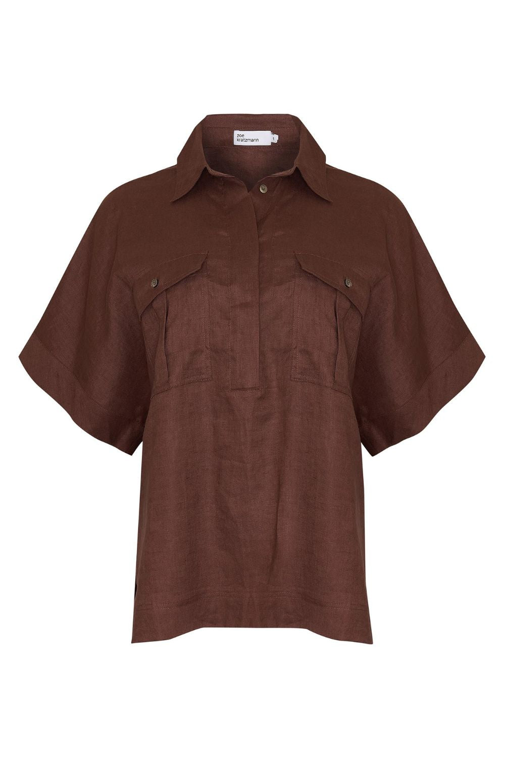 brown, shirt, oversized pockets, short sleeve, linen,  product image