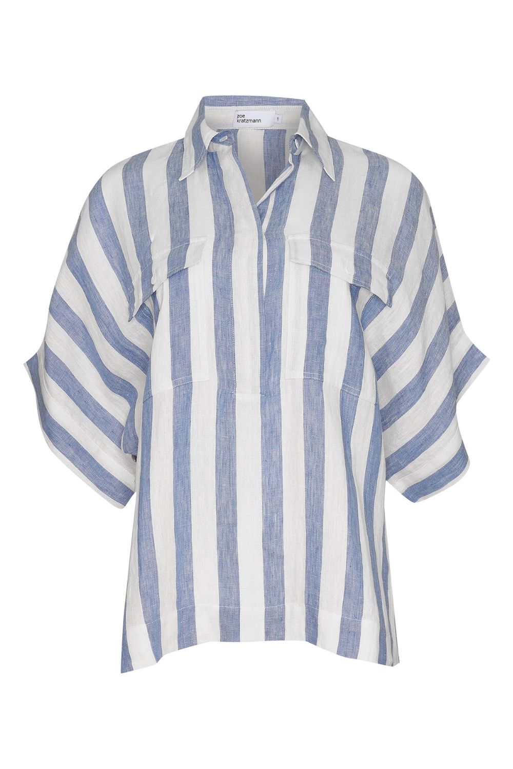 blue and white stripe, shirt, oversized pockets, short sleeve, linen, product image