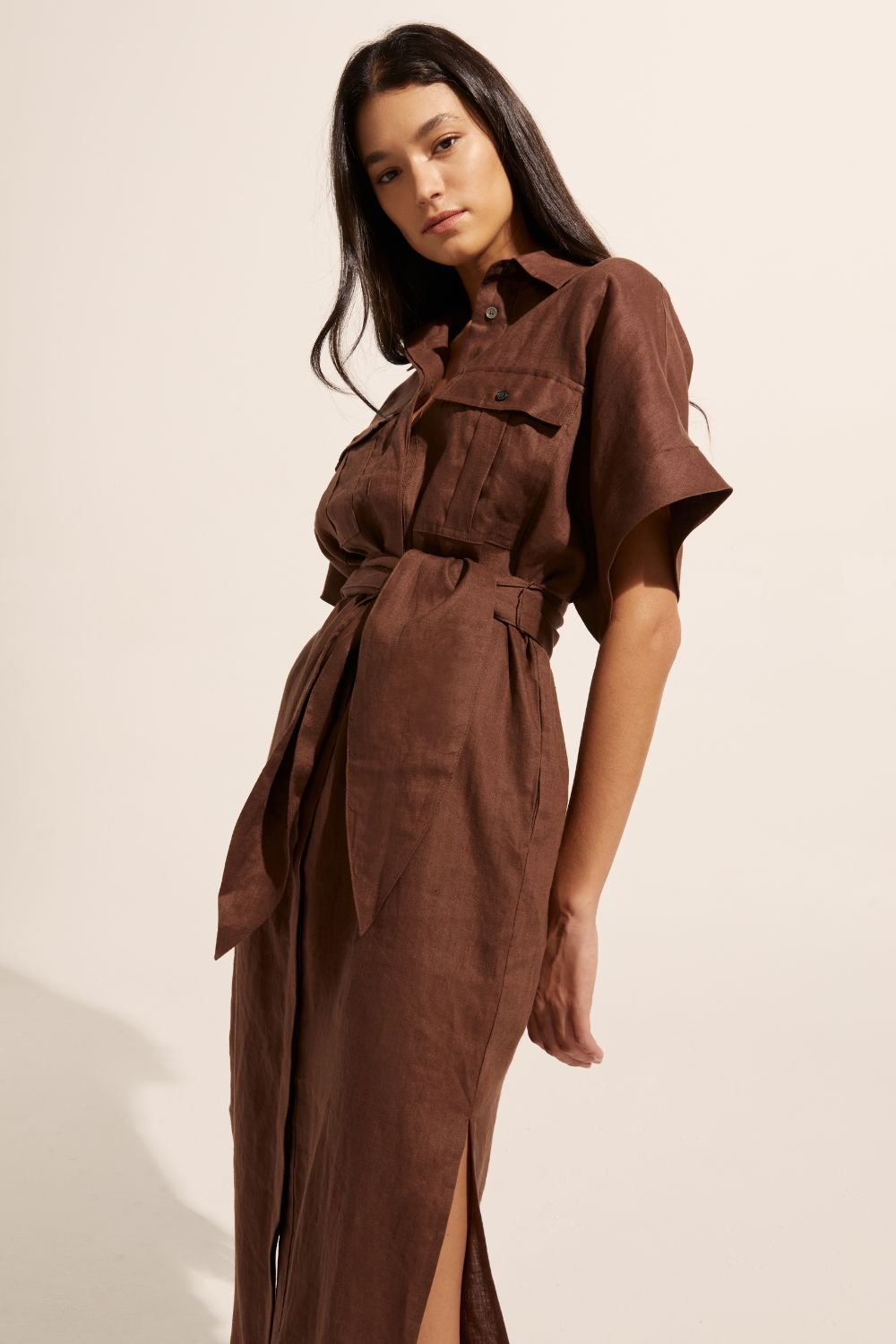 brown, dress, midi dress, side splits, oversized patch pockets, self tie fabric belt, short sleeve, side image