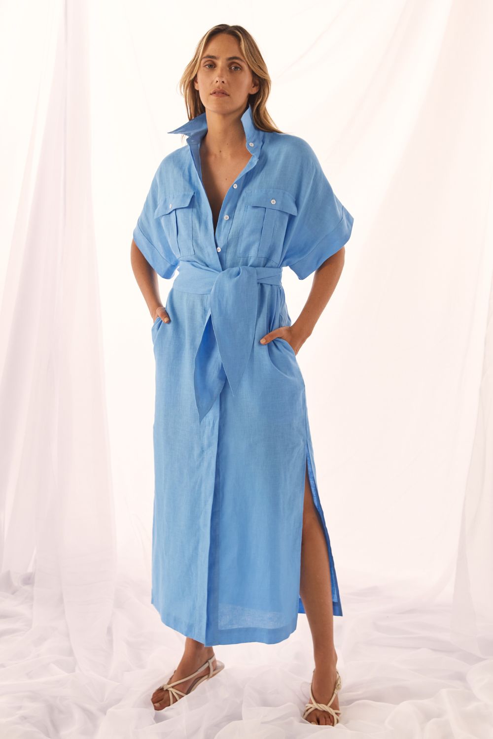blue, dress, midi dress, side splits, oversized patch pockets, self tie fabric belt, short sleeve, front image