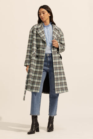 pillar coat - green check - zoe kratzmann - self tie belt - coat - outerwear - green check - notched lapels - double breasted