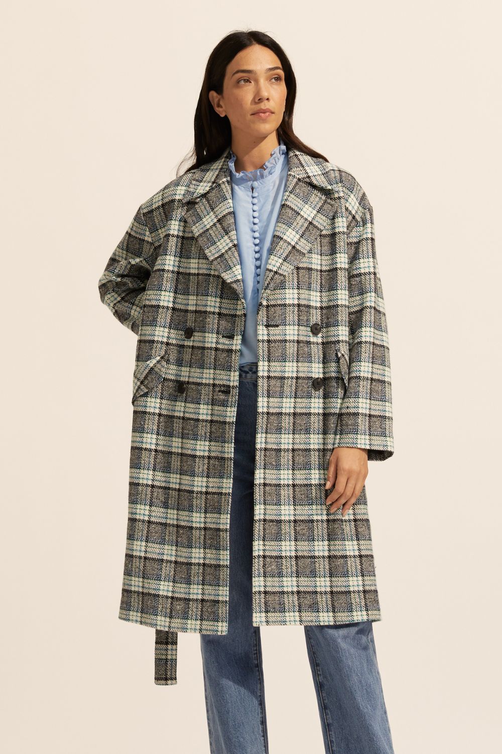 pillar coat - green check - zoe kratzmann - self tie belt - coat - outerwear - green check - notched lapels - double breasted