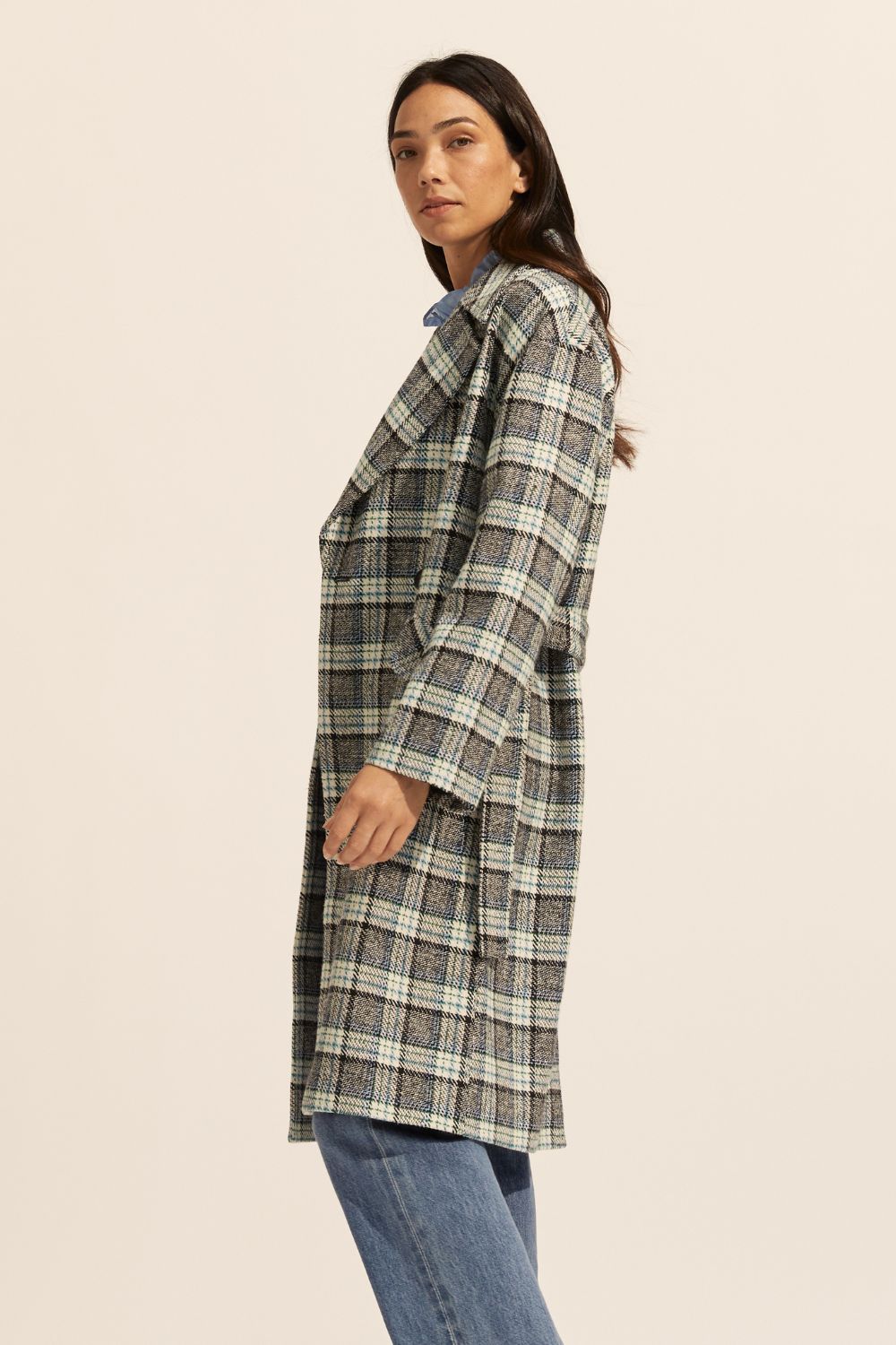 pillar coat - green check - zoe kratzmann - self tie belt - coat - outerwear - green check - notched lapels - double breasted